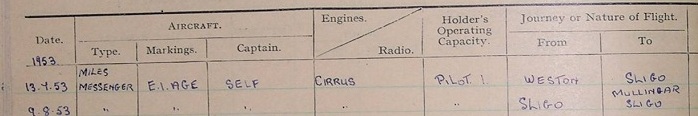 pilots log book entry from 1953